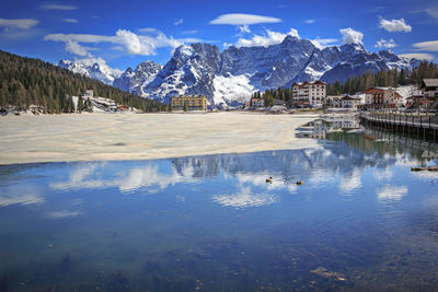 Scenic view of lake by snowcapped mountains against sky