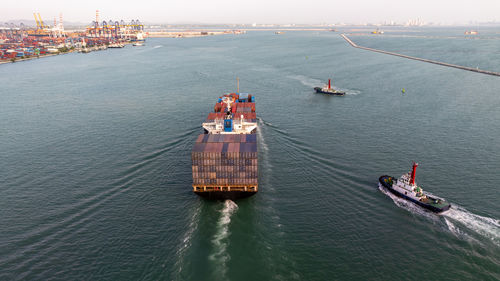 High angle view of boats in sea