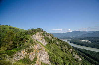 Scenic view of landscape against clear blue sky