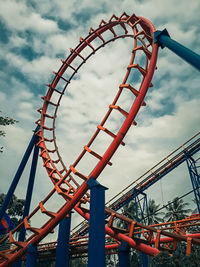 Low angle view of roller coaster against sky