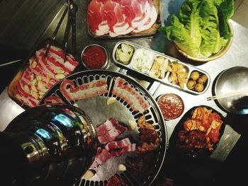 High angle view of meal served on table