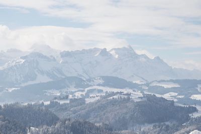 Scenic view of mountains against cloudy sky