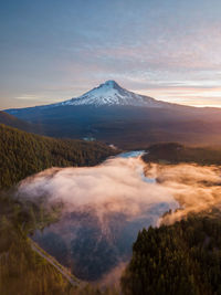 Scenic view of snowcapped mountains against sky during sunset