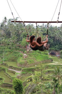 Rear view of woman on swing against sky