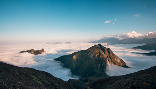 Panoramic view of rocky mountains against sky during sunset