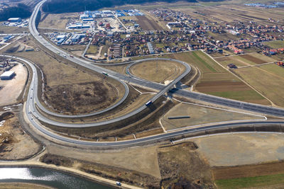 Aerial view of multiple lane highway in city