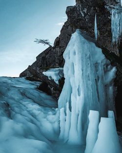 Snow covered rocks against sky