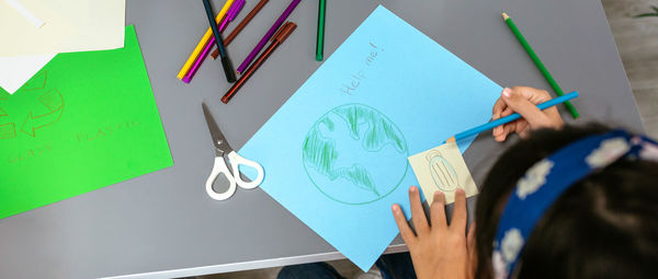 Female student drawing concepts about how to save the planet over cardboard in classroom