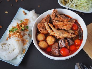 High angle view of meal served on table