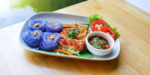 High angle view of meal served on table