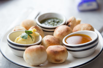 Close-up of food with chutney in plate