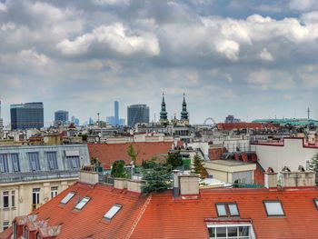 High angle view of buildings against sky