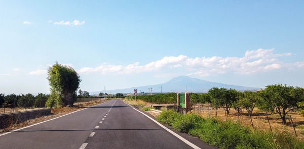 Empty road along trees and plants against sky