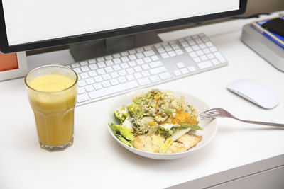 High angle view of breakfast served on table