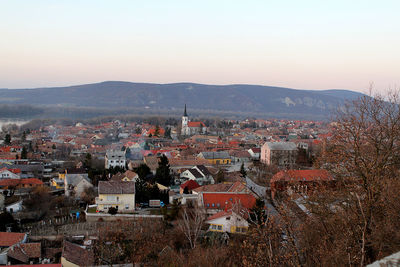 High angle shot of townscape against sky