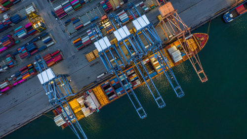 High angle view of illuminated commercial dock