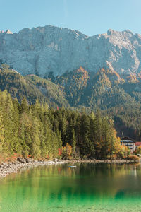 Scenic view of lake and mountains against sky