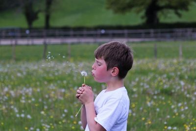 Boy blowing dandelion seed on lawn