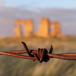 Close-up of barbed wire on metal fence