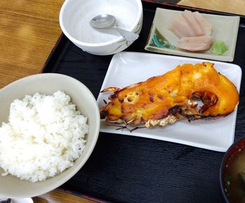 High angle view of food in plate on table