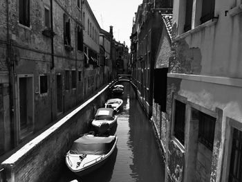 Rear view of man on canal amidst buildings in city