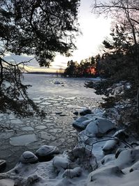 Scenic view of lake against sky during winter