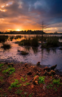 Scenic view of lake against sky during sunset