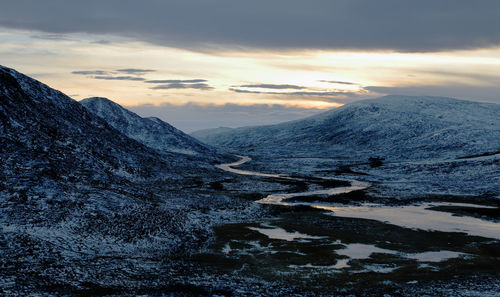 Scenic view of snowcapped mountains against sky during sunset