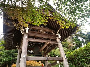 Low angle view of trees and house against sky