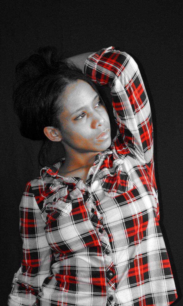 studio shot, young adult, one person, black background, real people, young women, portrait, looking at camera, front view, beautiful woman, standing, indoors, red lipstick, close-up, people