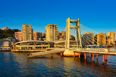 Bridge over river against clear blue sky