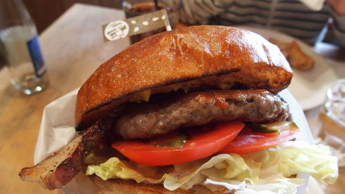 Close-up of burger in plate on table