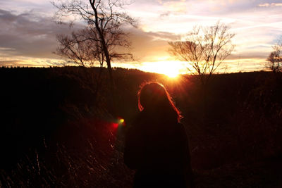 Rear view of silhouette person standing on land against sky during sunset