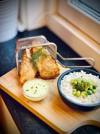 High angle view of fish served on table