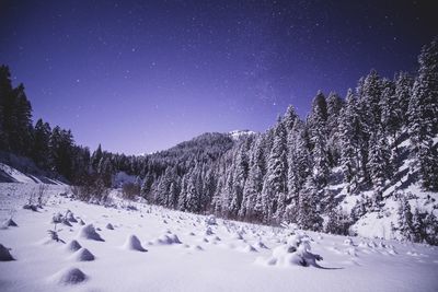 Scenic view of snowy landscape against sky at night