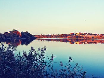 Scenic view of calm lake against clear sky