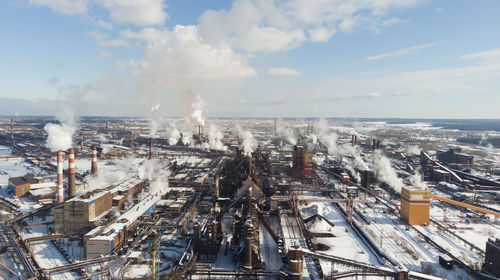 High angle view of city against sky during winter