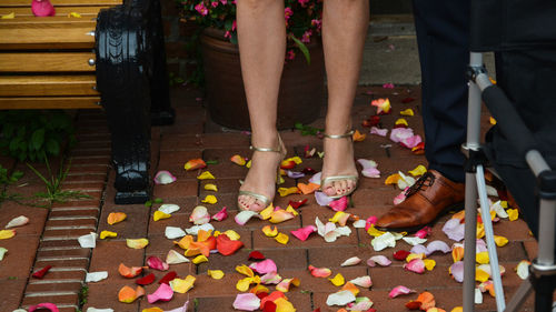 Low section of ride and bridegroom standing by petals