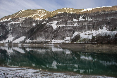 Scenic view of lake by snowcapped mountains against sky