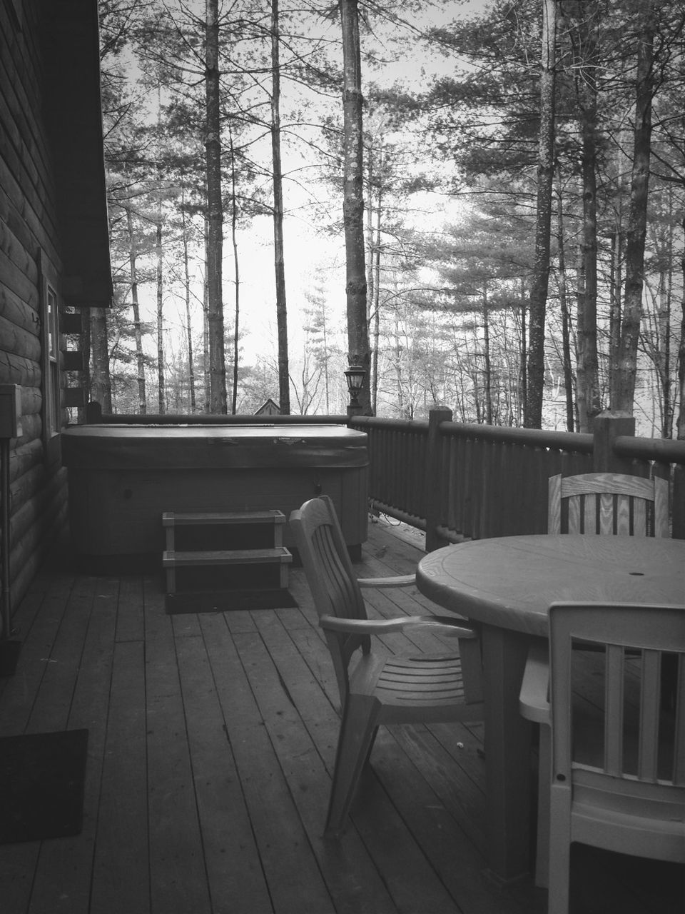 chair, tree, empty, absence, table, seat, built structure, bench, indoors, architecture, day, wood - material, sunlight, shadow, no people, window, building exterior, tiled floor, railing, relaxation