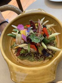 High angle view of vegetables in bowl on table