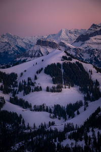 Scenic view of snowcapped mountains against sky during winter