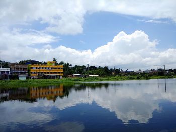 Scenic view of lake by building against sky