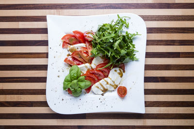 High angle view of breakfast served on table