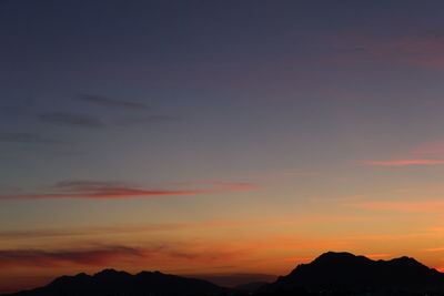 Scenic view of silhouette mountains against sky during sunset