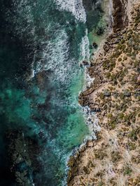 Aerial view of land by sea