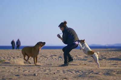 Full length of man with dog on sand against sky