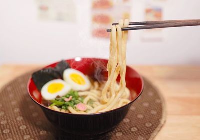 Close-up of soup in bowl on table