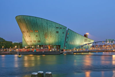 Nemo science museum in amsterdam during blue hour.
