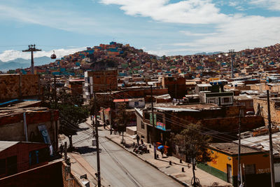 High angle shot of townscape against sky